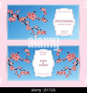 Sakura, Cherry Blossoming Tree Vector Card Illustration. Set of Beautiful Floral Banners, Greeting cards, Wedding Invitations, Backdrops, Backgrounds, Stock Vector