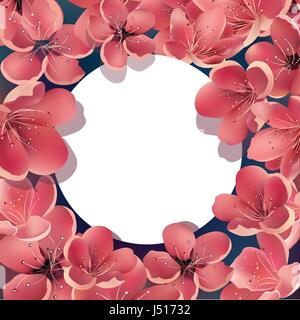 Beautiful Sakura Floral Template with White Round Frame. For Greeting Cards, Invitations, Announcements. Stock Vector