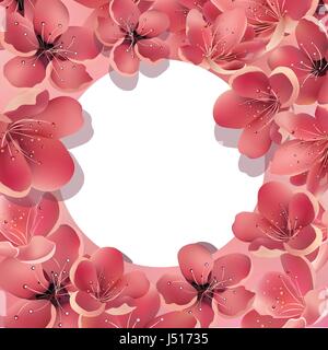 Beautiful Sakura Floral Template with White Round Frame. For Greeting Cards, Invitations, Announcements. Stock Vector