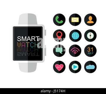 Modern Smart Watch. Set Of App Icons for Interface. Flat Style. Vector Illustration Isolated On White Background. Stock Vector