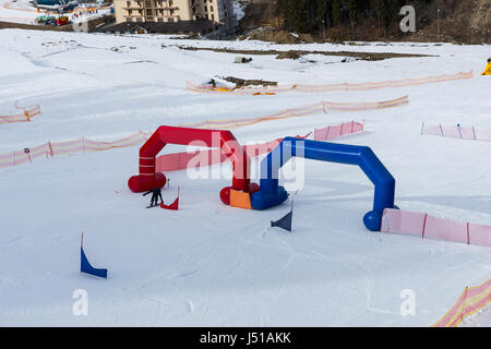 Finish line during skiing competitions in winter period Stock Photo