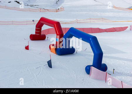 Finish line during skiing competitions in winter period in a ski-resort Stock Photo
