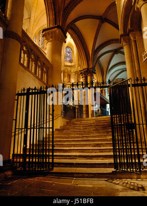 Pilgrim Steps, Canterbury Cathedral, Kent: worn stone treads of stairway leading up to C12th Trinity Chapel, former site of St Thomas Becket's shrine. Stock Photo