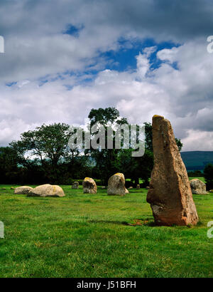 Long Meg and her Daughters standing stone & stone circle, Cumbria: view E showing the 4 portal stones of the ring's SW entrance & midwinter alignment. Stock Photo