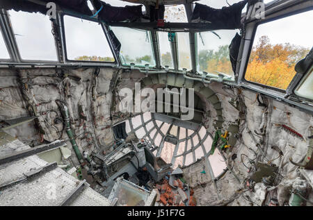 The destroyed cabin of the aircraft with view of the autumn forest from the windows. View inside Stock Photo