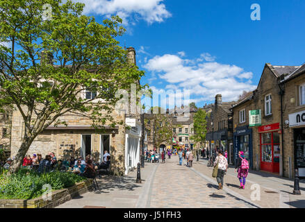 Shops and cafe on Bridge Gate in the town centre, Hebden Bridge, Calder ...