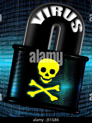 Internet security and malware concept illustration. A skull and bones symbol over a lock with binary code background Stock Photo