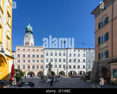 main square Max-Josefs-Platz,  church St. Nikolaus, restaurant, Rosenheim, Oberbayern, Upper Bavaria, Bayern, Bavaria, Germany Stock Photo