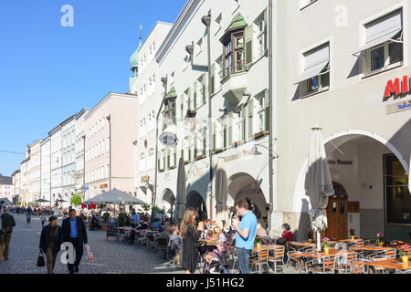 main square Max-Josefs-Platz, restaurant, Rosenheim, Oberbayern, Upper Bavaria, Bayern, Bavaria, Germany Stock Photo