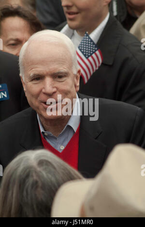 KEENE, NH/US - JANUARY 7, 2008: US Senator John McCain speaks with supporters at an outdoor rally on the final day before the 2008 NH primary. Stock Photo