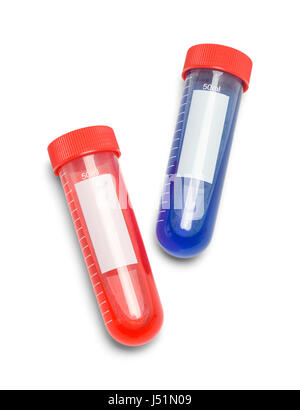 Red and Blue Test Tubes Isolated on White Background. Stock Photo