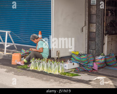 Luodong, Taiwan - October 18, 2016: Mature, Taiwanese woman with grey hair sitting on a street and selling fresh bamboo tied in bunches Stock Photo