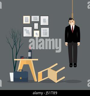 Businessman hang himself in his room. Man committing suicide Stock Vector