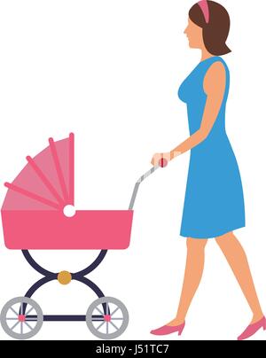 mother pushing pink baby carriage Stock Vector