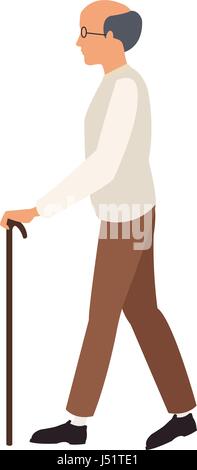 bald man elderly walking with cane stick outline Stock Vector Image ...