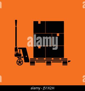 Hand hydraulic pallet truc with boxes icon. Orange background with black. Vector illustration. Stock Vector