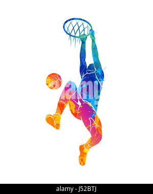 Silhouette basketball player with ball from splash of watercolors. Photo illustration of paints. Stock Photo