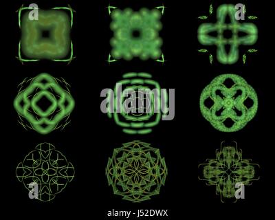 Set fractal abstract green patterns on a black background Stock Photo