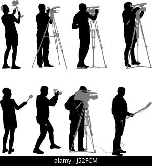 Set cameraman with video camera. Silhouettes on white background Stock Vector