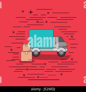 red background with truck service and package shipment Stock Vector