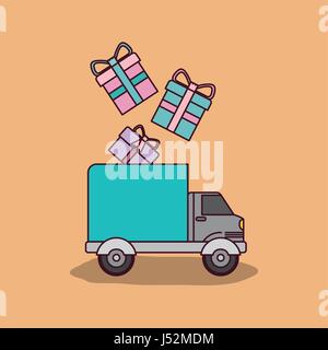 wheat color background with truck service of shipping gifts boxes Stock Vector