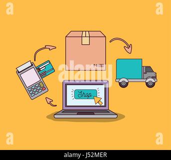 yellow background with laptop computer with steps of online shopping and delivery Stock Vector