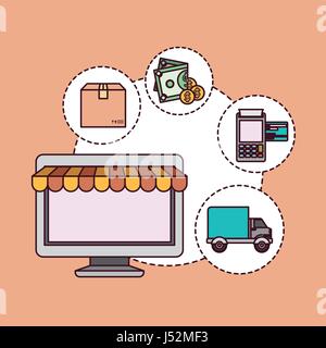 peach color background with laptop computer with steps of online shopping and delivery Stock Vector