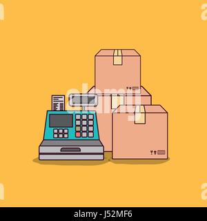 yellow background with cash register and packages Stock Vector