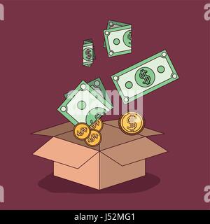 medium violet red color background with cardboard box with bills and coins falling inside her Stock Vector