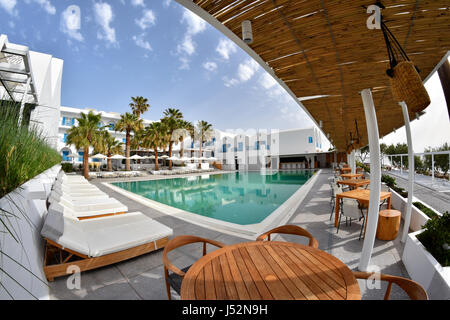 Kamari Beach Hotel, Santorini Greece (fisheye of sea, restaurant and pool) Stock Photo