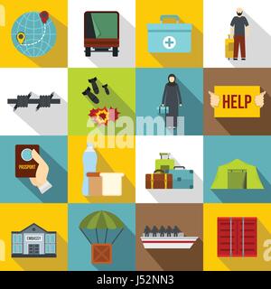 Refugees problem icons set. Flat illustration of 16 refugees problem vector icons for web Stock Vector