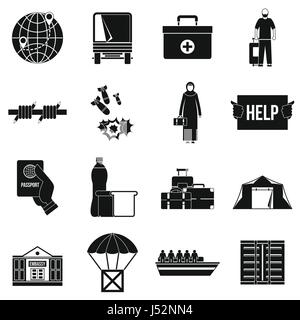 Refugees problem icons set. Simple illustration of 16 refugees problem vector icons for web Stock Vector