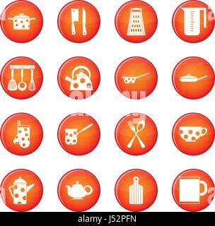 Kitchen tools icons vector set of red circles isolated on white background Stock Vector