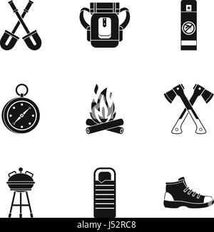 Vacation in forest icons set, simple style Stock Vector