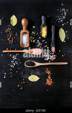 Variety of different colorful salt yellow saffron, pink, black himalayan, white sea and fleur de sel in wooden spoons with black, chili, allspice pepp