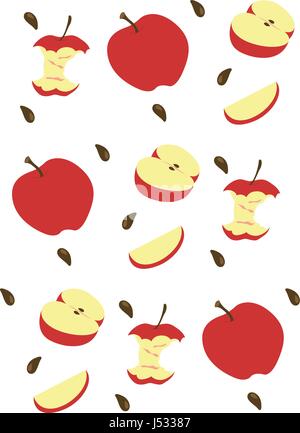 Pattern made with images of whole, cut and almost eaten apples and apple seeds. Stock Vector