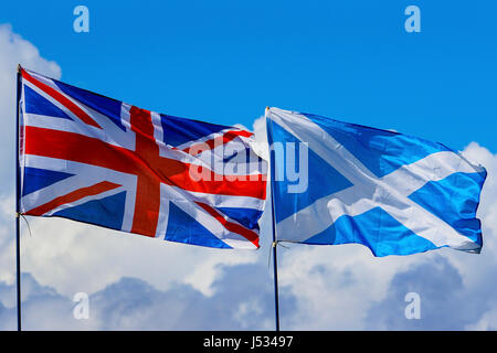 Union Jack flying beside the Scottish Saltire Stock Photo