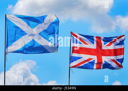 Union Jack flying beside the Scottish Saltire Stock Photo