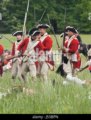 18'th century British soldier reenactor demonstrating the loading and ...