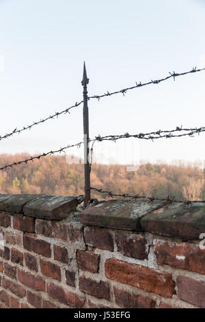 Metal fence, brick wall with barbed wire Stock Photo - Alamy