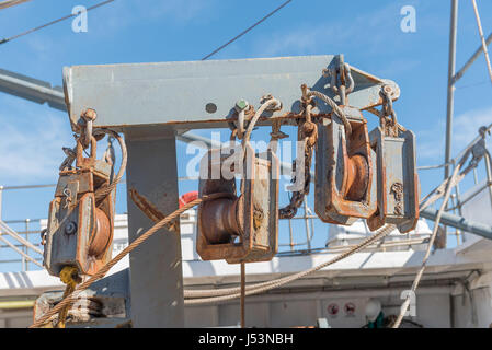 LAAIPLEK, SOUTH AFRICA - APRIL 1, 2017: Close-up of equipment on a fishing trawler in the harbor in the mouth of the Berg River at Laaiplek on the Atl Stock Photo