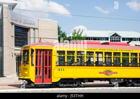 Little Rock Arkansas,Markham Street,River Rail Electric Streetcar,trolley,replica,light rail system,downtown red,yellow,side view,Chamber of Commerce, Stock Photo