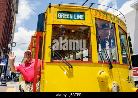 Little Rock Arkansas,Markham Street,River Rail Electric Streetcar,man men male,senior seniors citizen citizens,waves,water,heritage,trolley,replica,li Stock Photo