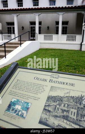Arkansas Hot Springs,Hot Springs National Park,Central Avenue,Bathhouse Row,Ozark Bath house,houses,sign,marker,information board,white,two story buil Stock Photo