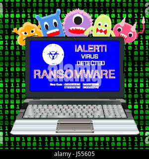 blue screen laptop infected ransomware virus with virus cartoon Stock Vector