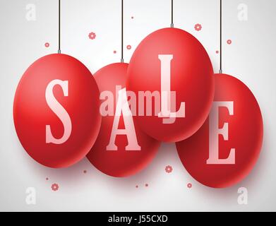 Vector Sale Red Eggs with strings hanging in white background for Easter and store promotions. Vector illustration. Stock Vector