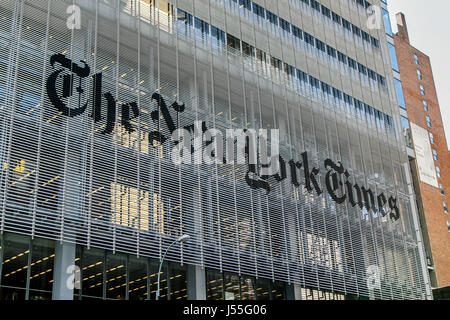 New York, May 08, 2017: The logo on an exterior wall of The New York Times newspaper headquarters in Manhattan. Stock Photo