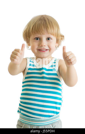 Portrait of beautiful kid boy giving you thumbs up isolated on white background Stock Photo