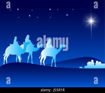 The Three Kings Riding Vector with Camels in the Desert Guided with the Star Going to Bethlehem to See New Born Jesus. Editable Vector Illustration Stock Vector