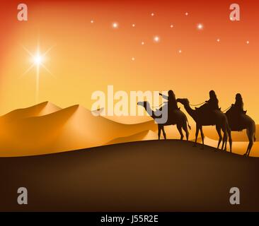 The Three Kings Riding Vector with Camels in the Desert Guided with the Star Going to Bethlehem to See New Born Jesus. Editable Vector Illustration Stock Vector
